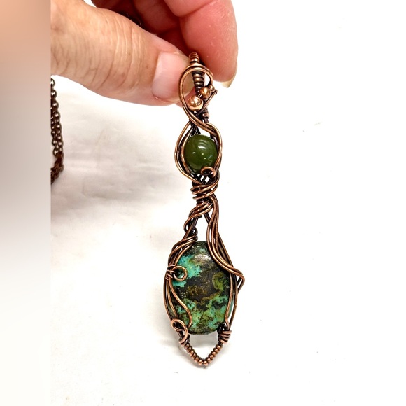 HAND CRAFTED Hubei Turquoise & Vintage Jade Wire Wrapped Copper Pendant Necklace - Picture 1 of 10